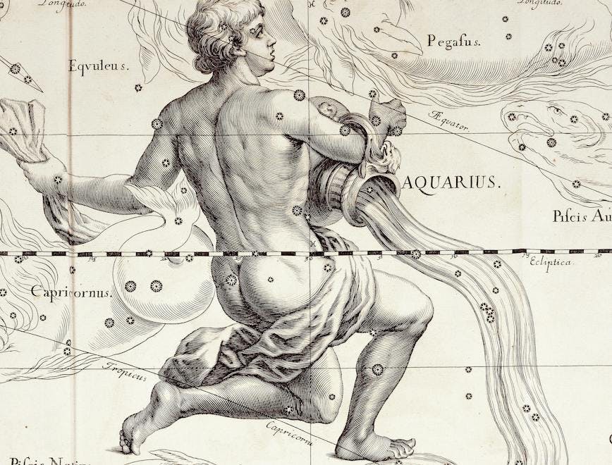 horizontal naked one person one man only science gdansk 1690 astronomy astrology astrology sign illustration and painting illustration technique johann hevelius star atlas firmamentum sobiescianum sive uranographia aquarius jug water spilling person human drawing art text