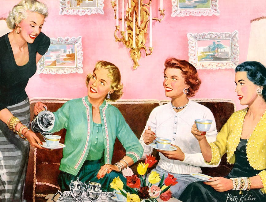 vintage illustration four people woman women female friends housewife domestic scene tea teacup pouring hostess 1950s cardigan sweater smiling leisure enjoyment american retro huty19880
