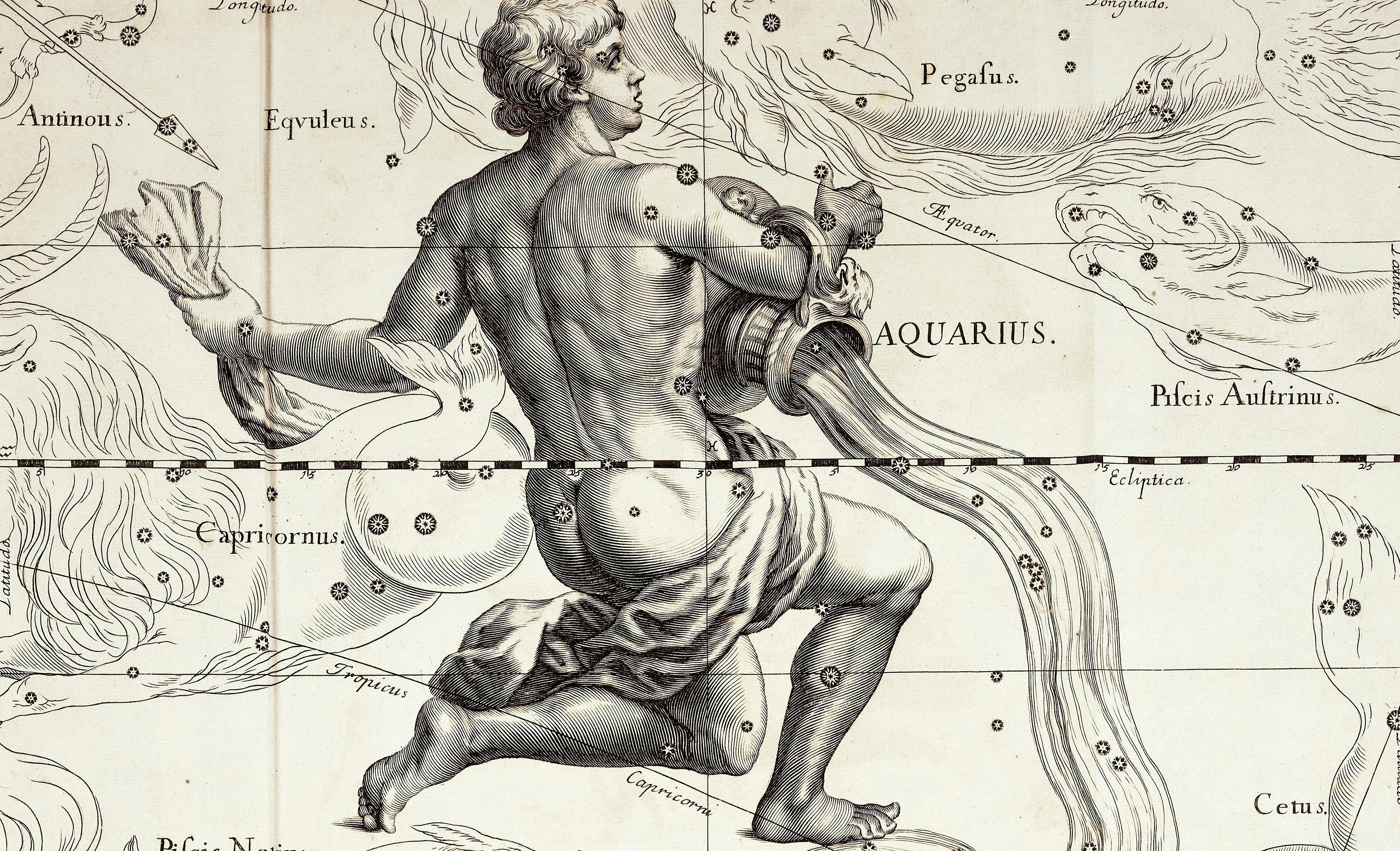 horizontal naked one person one man only science gdansk 1690 astronomy astrology astrology sign illustration and painting illustration technique johann hevelius star atlas firmamentum sobiescianum sive uranographia aquarius jug water spilling person human drawing art text