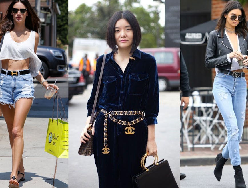 clothing shoe person jeans sunglasses sleeve wheel female handbag car
