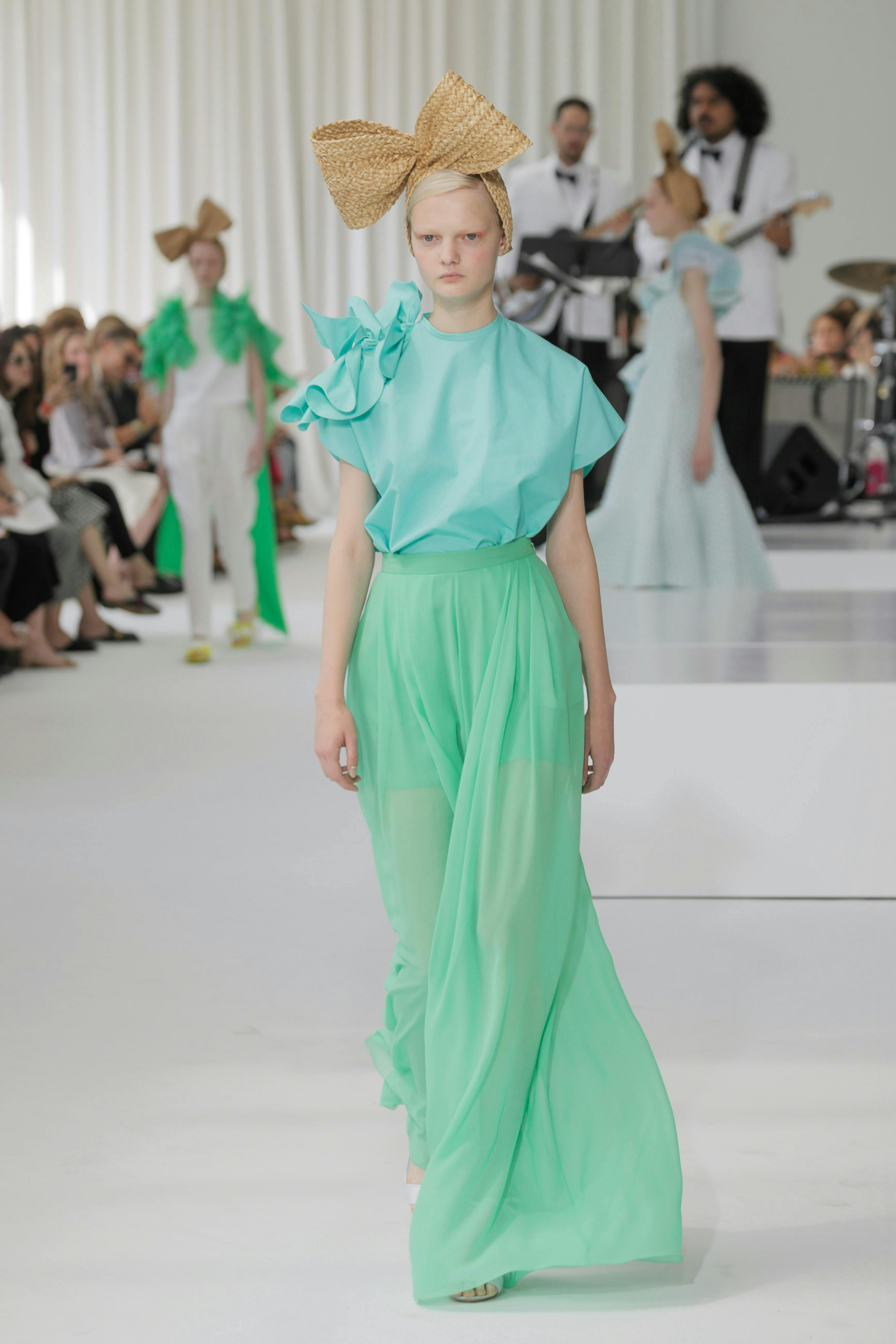 2018 catwalk delpozo fashion new york ny show spring ss18 summer clothing apparel hat evening dress gown robe person wedding gown wedding