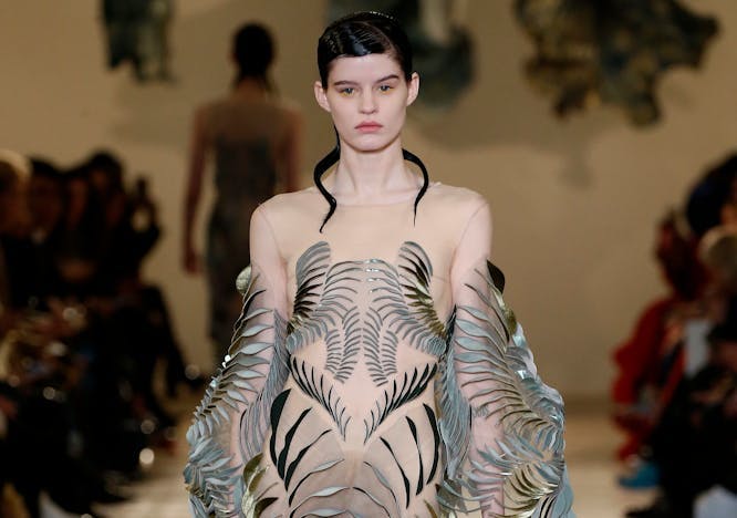 haute couture spring summer 2018 iris van herpen paris january 2018 person human clothing apparel fashion sleeve evening dress gown robe
