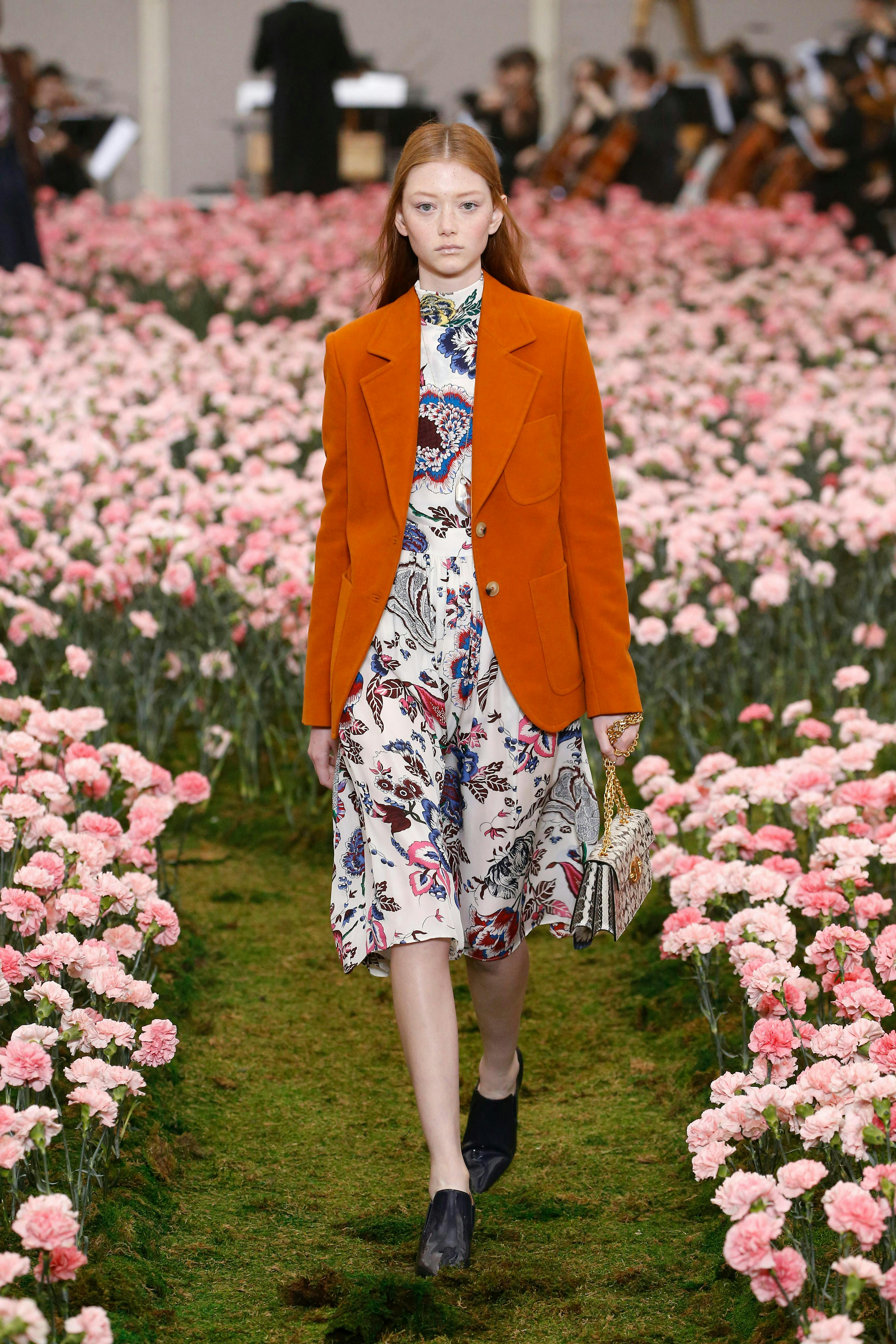 tory burch ready to wear fall winter 2018-2019 new york fashion week february 2018 clothing apparel person coat overcoat dress flower plant suit female