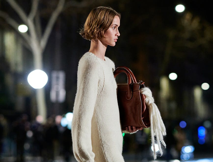 clothing apparel person human sweater accessories accessory handbag bag