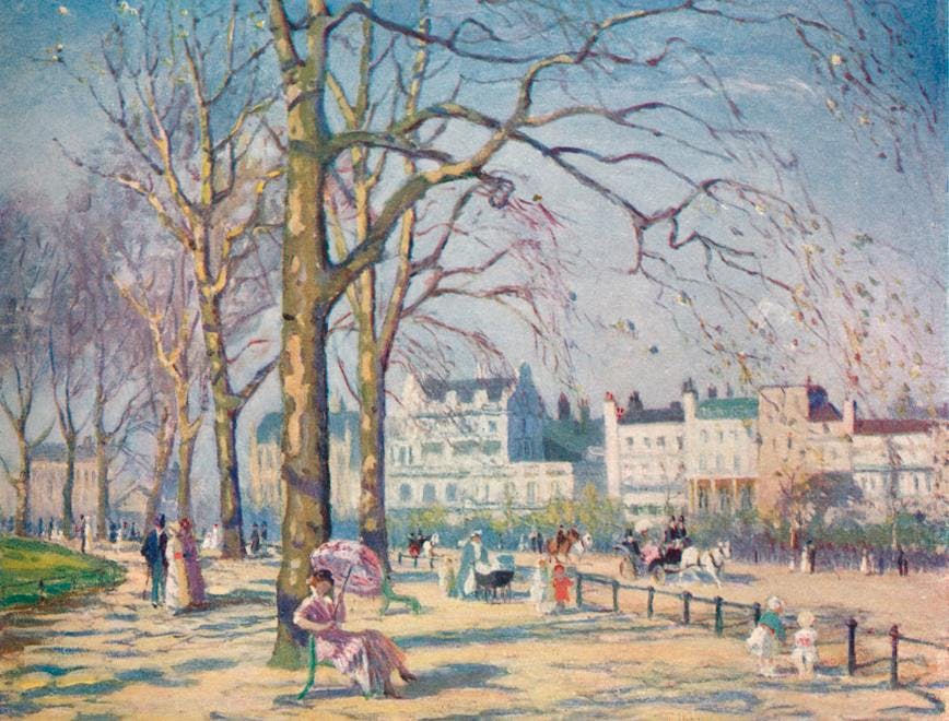 weather outdoors urban london england season female women woman people male man men pink day guy spring color colour windy parasol century lady publication shaded background people 1910s 20th century city of westminster the print collector hyde park corner tgn landscape oil print collector29 studio publications studio volume 66 alice maud fanner fanner alice maud huty21074 art painting person