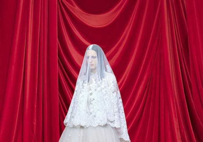 fashion clothing dress formal wear gown wedding wedding gown veil bridal veil person