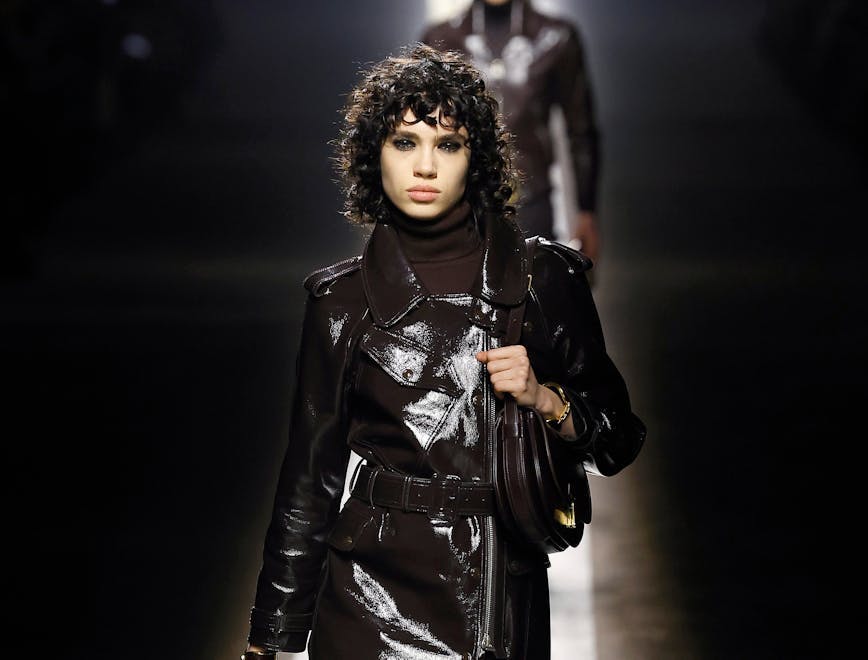 milan clothing coat fashion adult female person woman long sleeve jacket face